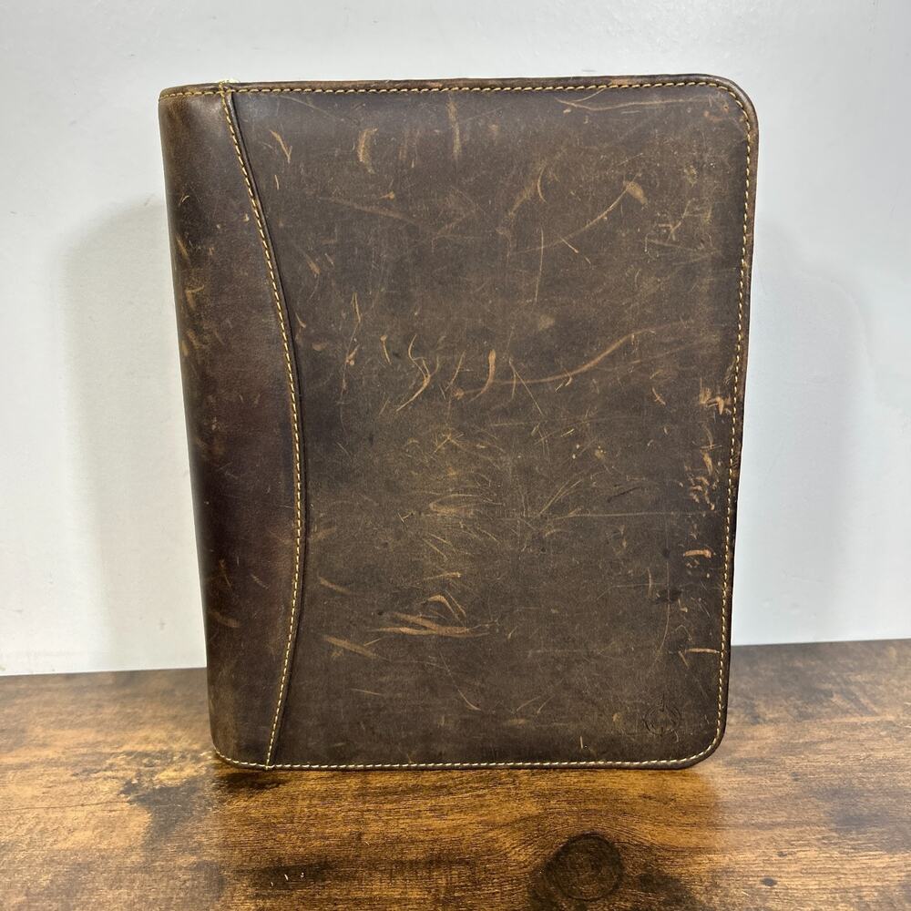 Vintage Franklin Covey 7 Ring Full Grain Leather Classic Brown Zip Planner USA